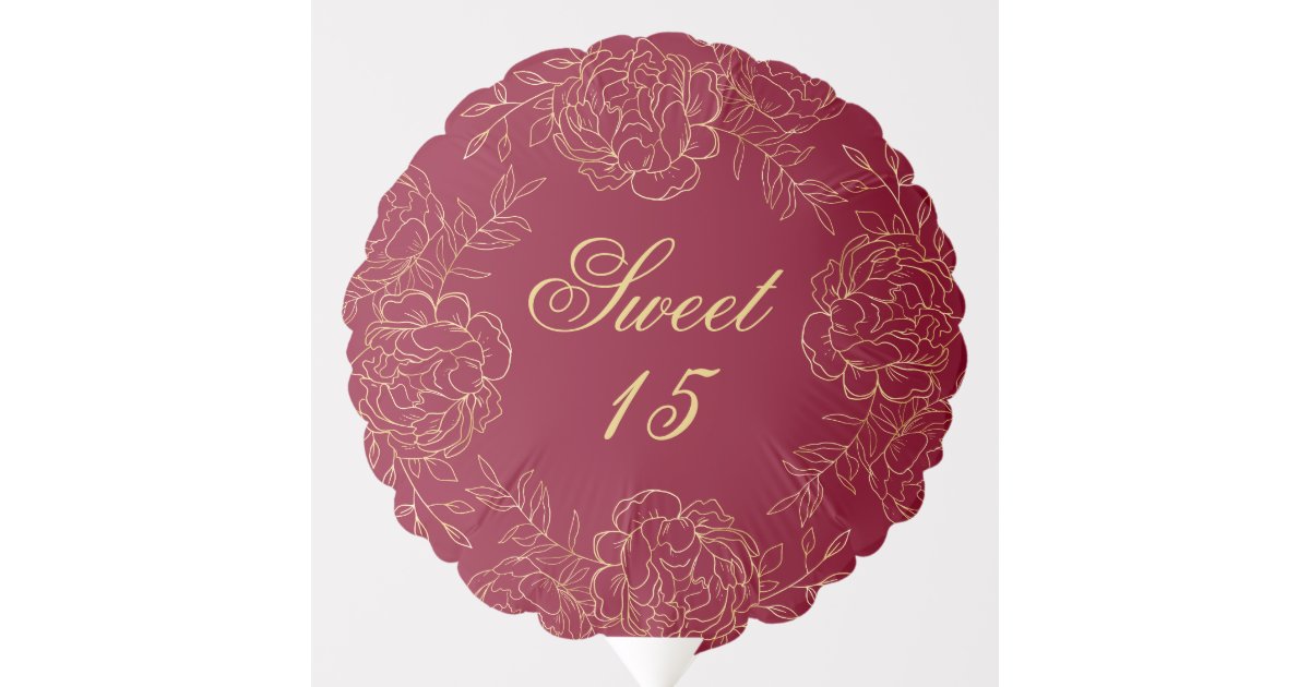 Sweet 15 Happy Birthday Burgundy Gold Flowers Balloon Zazzle Com