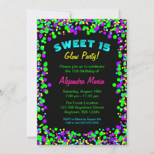 Sweet 15 Neon Glow Confetti Party Invitations