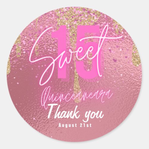 Sweet 15 Pink Glitter Foil Quinceanera Rose Gold Classic Round Sticker