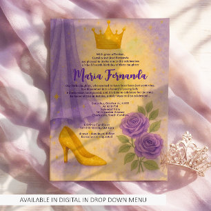 Sweet 15 Royal Quinceañera Gold Crown Purple Dress Invitation