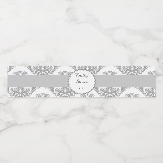 Sweet 16 15 Bottle Label Silver Grey Damask (Single Label)