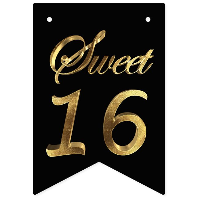 Sweet 16 16th Birthday Anniversary Black and Gold Bunting Flags (First Flag)