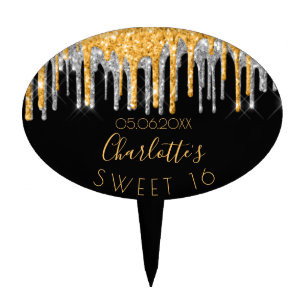 Sweet 16 16th birthday black gold glitter silver cake topper