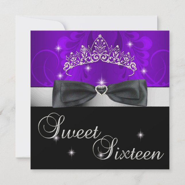Sweet 16 16th Birthday Party Purple Black Bow Invitation (Front)