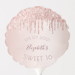 Sweet 16 16th birthday rose gold glitter drips balloon