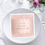 Sweet 16 16th birthday rose gold glitter monogram napkins<br><div class="desc">A napkin for a girly and glamorous  Sweet 16,  16th birthday party.  A rose gold faux metallic looking background with faux glitter drips,  paint dripping look. Personalize and add a date,  name,  age/text.  The name is written in dark rose gold with a modern hand lettered style script</div>