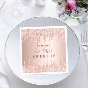 Sweet 16 16th birthday rose gold glitter monogram napkins