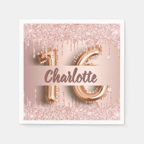 Sweet 16 16th birthday rose gold glitter monogram napkins