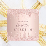 Sweet 16 16th birthday rose gold glitter monogram square sticker<br><div class="desc">For a girly and glamorous Sweet 16, 16th birthday party. A rose gold faux metallic looking background with faux glitter drips, paint dripping look. Personalize and add a date, name, age/text. The name is written in dark rose gold with a modern hand lettered style script. For gift wrapping, favors or...</div>