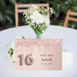 Sweet 16 16th birthday rose gold glitter pink guest book