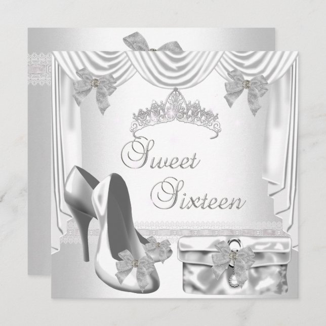 Sweet 16 16th Birthday Silver White Invitation (Front/Back)