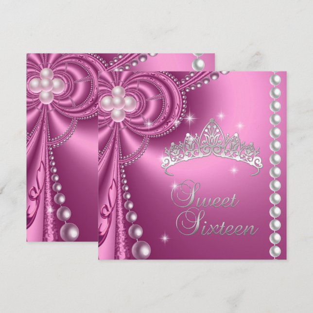 Sweet 16 16th Birthday Silver White Pink Pearl Invitation (Front/Back)