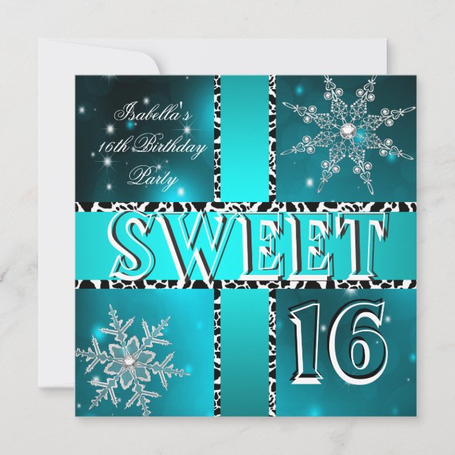 Sweet 16 16th Birthday Teal Winter Wonderland Invitation (Front)