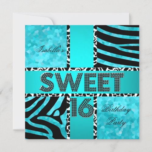 Sweet 16 16th Birthday Zebra Cow Teal Black Invitation