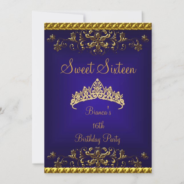 Sweet 16 16th Deep Blue Gold Diamond Tiara Invitation (Front)