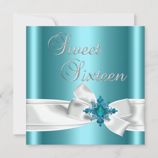 Sweet 16 16th Elegant Teal Blue Silver White Bow Invitation (Front)