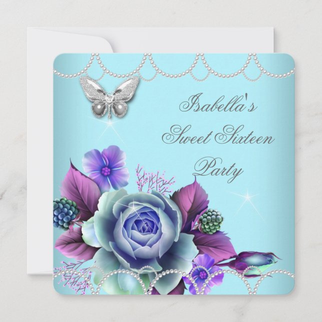 Sweet 16 16th Floral Teal Purple Butterfly Pearl Invitation (Front)