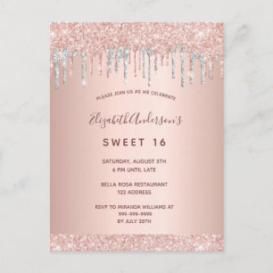 Sweet 16 16th party rose gold glitter pink silver postcard