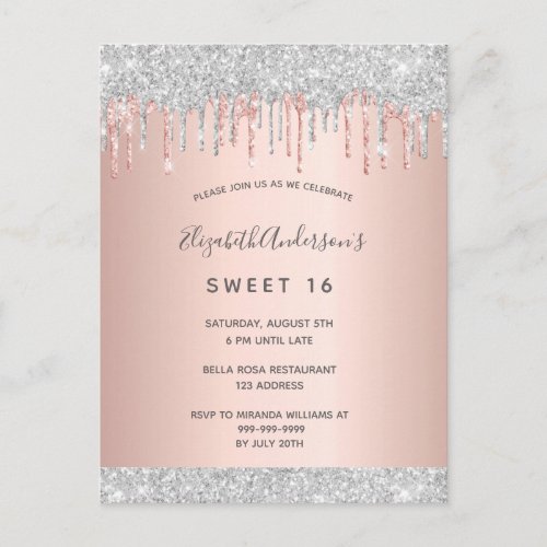 Sweet 16 16th party silver glitter pink rose gold postcard
