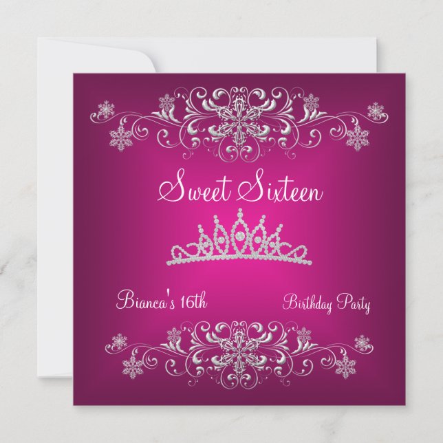 Sweet 16 16th Pink Silver Diamond Tiara Invitation (Front)
