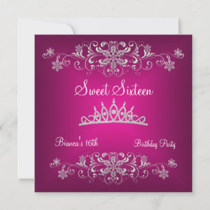 Sweet 16 16th Pink Silver Diamond Tiara Invitation