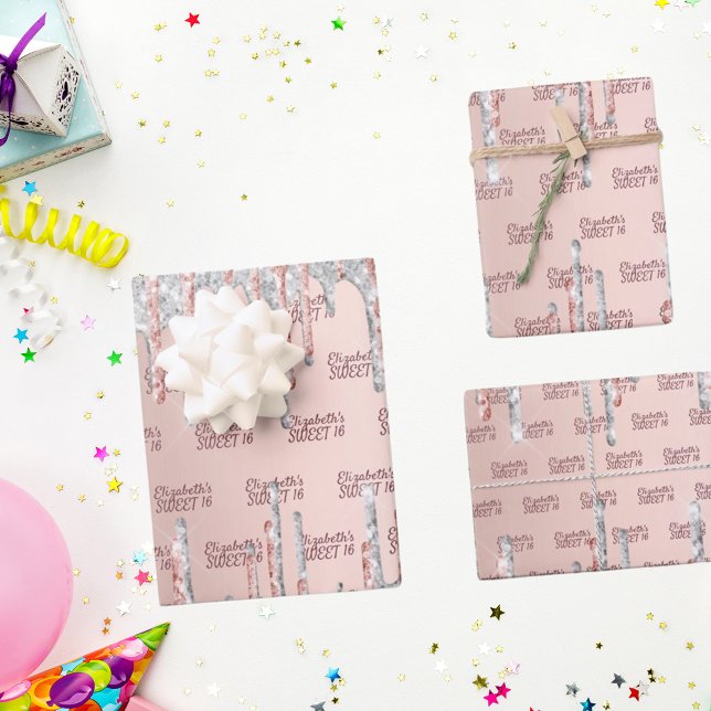 Sweet 16 16th rose gold glitter drips pink silver wrapping paper sheets (Creator Uploaded)