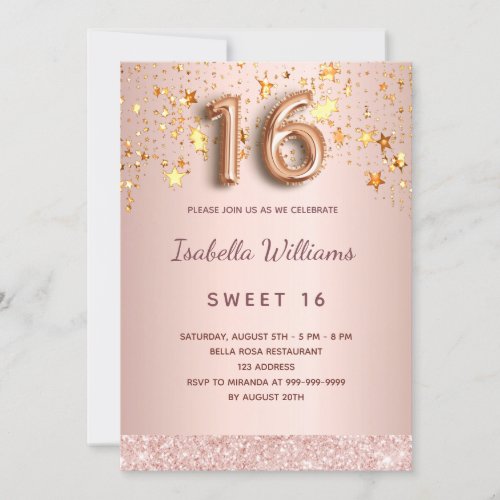 Sweet 16 16th rose gold pink stars balloon script invitation