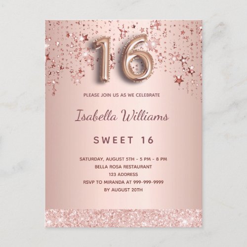 Sweet 16 16th rose gold stars pink balloon script postcard