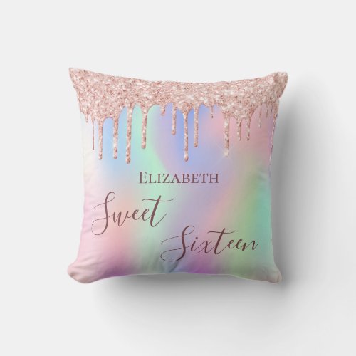 Sweet 16 16th sixteen rose gold glitter rainbow throw pillow
