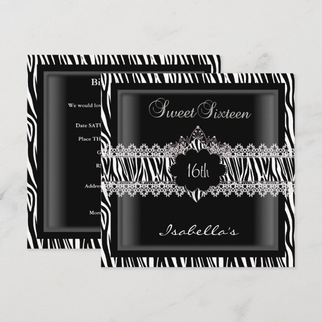 Sweet 16 16th Zebra Lace Sweet Sixteen 2 Invitation (Front/Back)
