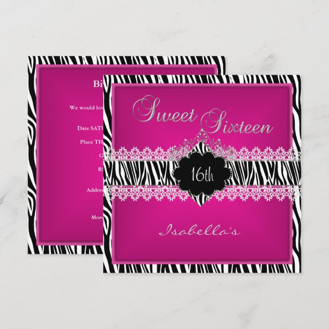 Sweet 16 16th Zebra Lace Sweet Sixteen Pink Invitation (Front/Back)