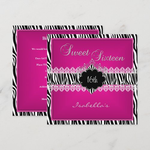 Sweet 16 16th Zebra Lace Sweet Sixteen Pink Personalized Announcement