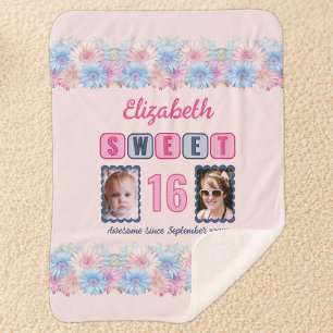 Sweet 16 2 photo name date flowers pink sherpa blanket