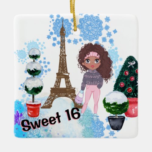 Sweet 16 African American Girl Paris Eiffel Tower Ceramic Ornament