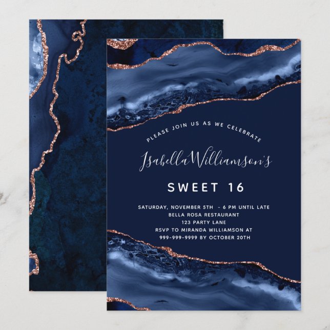 Sweet 16 agate marble navy blue rose gold invitation (Front/Back)