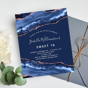 Sweet 16 agate navy blue rose gold invitation