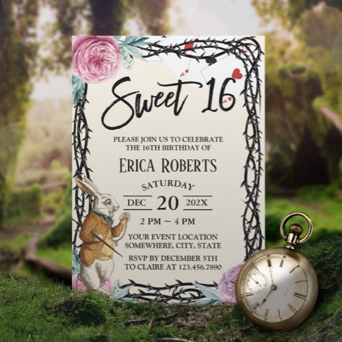 Sweet 16 Alice in Wonderland Floral Thorn Framed Invitation