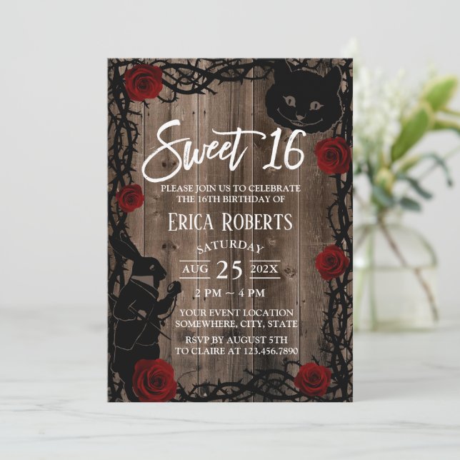 Sweet 16 Alice in Wonderland Rustic Barn Wood Invitation (Standing Front)