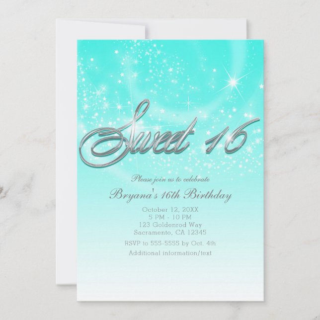 SWEET 16 Aqua Blue & Silver Sparkle Stars Party Invitation (Front)