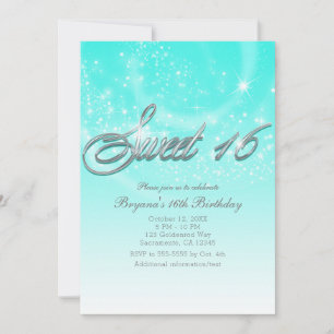 SWEET 16 Aqua Blue & Silver Sparkle Stars Party Invitation