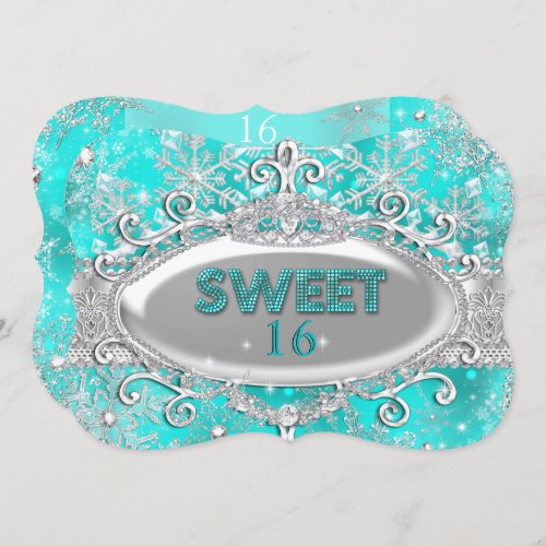 Sweet 16 Aqua Teal Lace Winter Wonderland Invitation