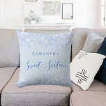 Sweet 16 baby blue glitter dust name script throw pillow<br><div class="desc">For an elegant Sweet 16,  16th birthday.  A trendy baby blue,  light blue background color. Decorated with faux glitter dust. Personalize and add a name.  Sweet Sixteen is written with a modern hand lettered style script.</div>