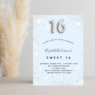 Sweet 16 baby blue silver glitter dust invitation