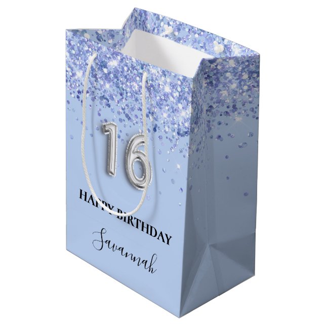 Sweet 16 baby blue silver glitter dust name medium gift bag (Back Angled)