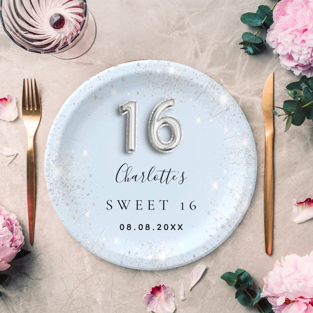 Sweet 16 baby blue silver glitter dust name paper plates (Creator Uploaded)