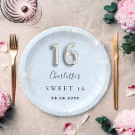Sweet 16 baby blue silver glitter dust name paper plates<br><div class="desc">For a girly and glamorous Sweet 16,  16th birthday party.  A light blue background with faux silver dust.  Personalize and add a name and date. Number 16 is written with a balloon style font.</div>
