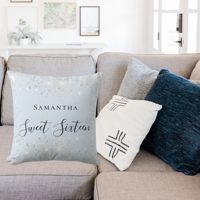 Sweet 16 baby blue silver glitter dust name throw pillow (Creator Uploaded)