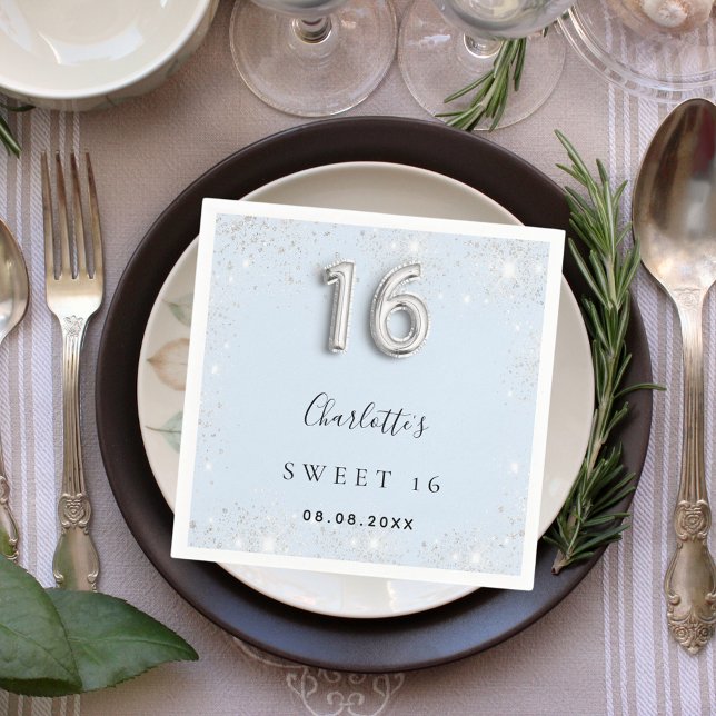 Sweet 16 baby blue silver glitter name napkins (Creator Uploaded)