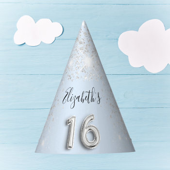 Sweet 16 Baby Blue Silver Glitter Name Party Hat by Thunes at Zazzle