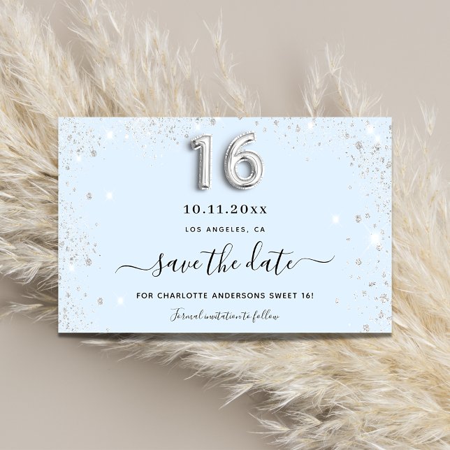 Sweet 16 baby blue silver glitter save the date